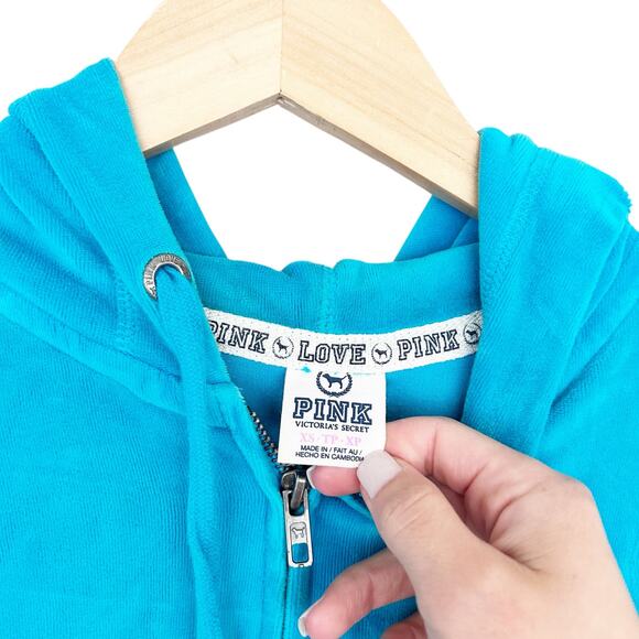 Victoria's Secret Pink Blue Velour Full Zip Sequin Hoodie Sz XS - Picture 3 of 5